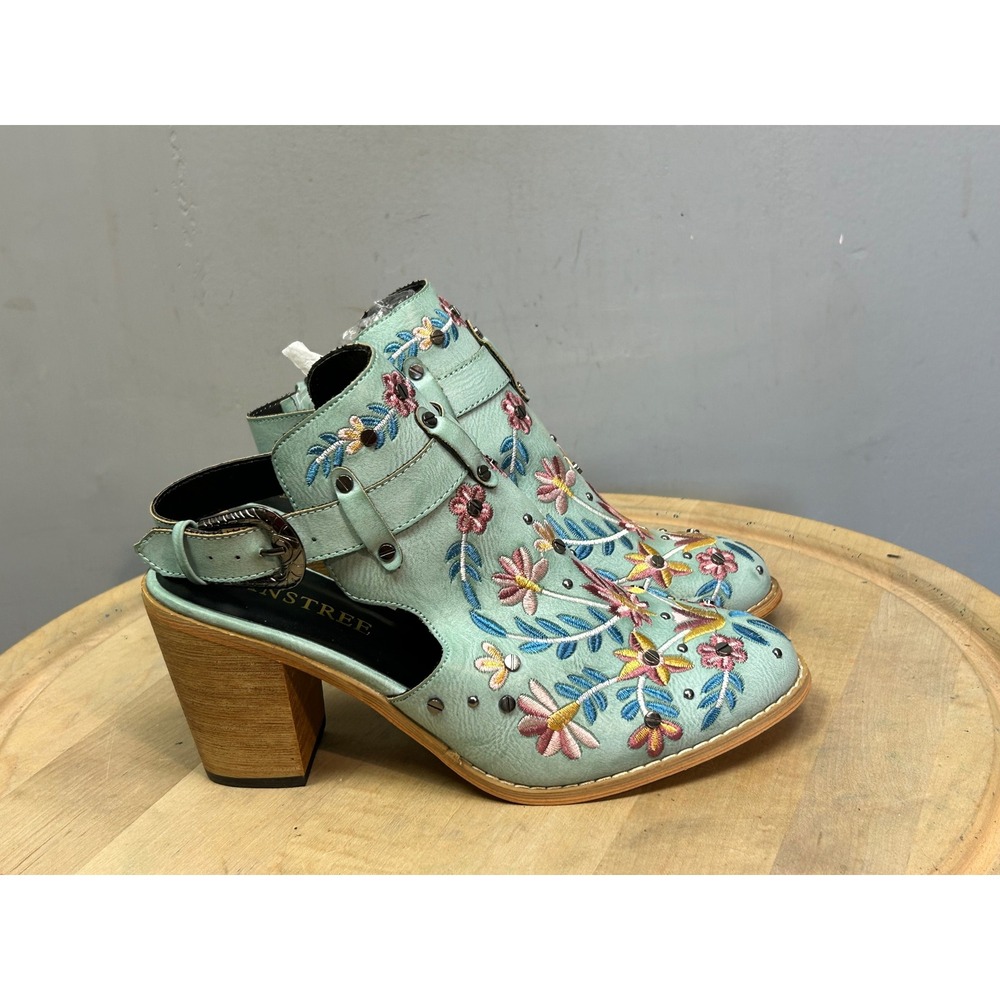 Tinstree Mint Green Floral Embroidered Studded Slingback Block Heel Booties 8 - Picture 10 of 12